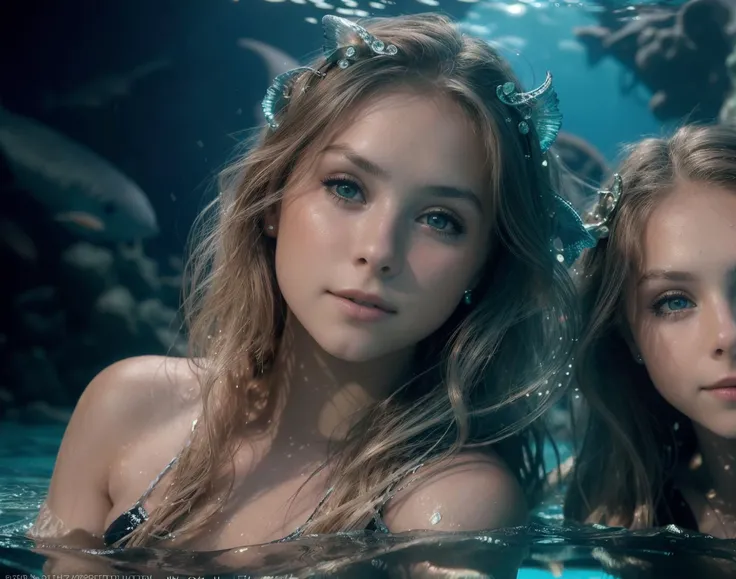 <lora:izaandelle:1> 2girls, izaandelle twins, Underwater scene.  beautiful female mermaid,  perfect eyes, highly detailed beautiful expressive eyes, detailed eyes. (city at the bottom of the ocean:1.6). transparent glowing buildings, abundance of curved glowing buildings, mermaid metropolis. swimming mermaids, whales, fish. large depth of field, deep depth of field, (8k, RAW photo, best quality, depth of field, ultra high res:1.2), intricate, photorealistic, masterpiece, ultra-detailed), crisp, 35mm photograph, film, bokeh, professional, 4k, highly detailed dynamic lighting, photorealistic, 8k, raw, rich, intricate details, key visual, vivid colors,  realistic, real