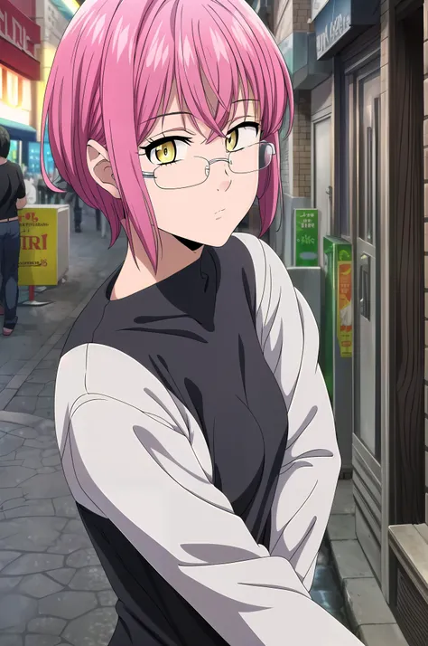 (masterpiece,best quality,highres:1.1),neon-lit alley,digital billboards,holographic ads,bustling street life,reflective puddles,night,gowther_nanatsu_no_taizai,yellow eyes,pink hair,glasses,1girl,medium breasts,solo,charming pose,adjusting eyewear,(close-up:1.1),<lora:gowther_nanatsu_no_taizai:0.7>,upper body,looking at viewer,<lora:add_detail:0.6>,(masterpiece,best quality,highres:1.1),(punk:1.1),<lora:punk_v0.2>,(punk clothes:1.1),(tight clothes:1.1),