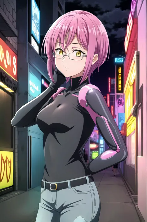 (masterpiece,best quality,highres:1.1),neon-lit alley,digital billboards,holographic ads,bustling street life,cybernetic enhancements,reflective puddles,night,gowther_nanatsu_no_taizai,yellow eyes,pink hair,glasses,1girl,medium breasts,solo,charming pose,adjusting eyewear,(close-up:1.1),<lora:gowther_nanatsu_no_taizai:0.7>,upper body,looking at viewer,<lora:add_detail:0.6>,(masterpiece,best quality,highres:1.1),(punk:1.1),<lora:punk_v0.2>,(punk clothes:1.1),(tight clothes:1.1),