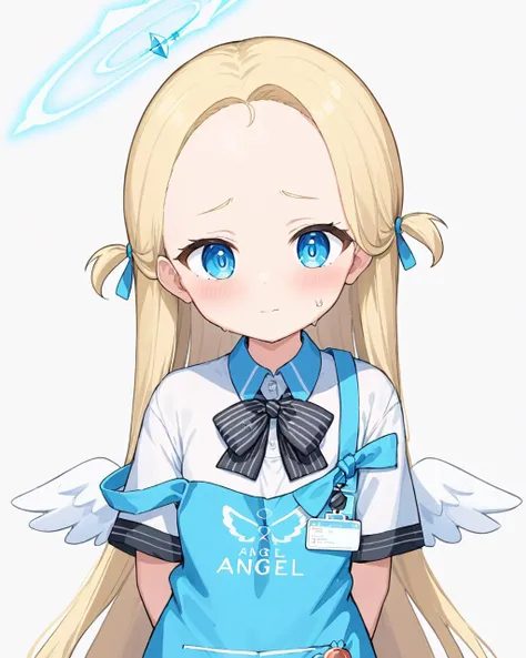 sora \(blue archive\),1girl, solo, halo, forehead, two_side_up, white_background, strap_slip, sweat, short_sleeves, striped_bow, blue_apron, holding, simple_background, blush, id_card, collared_shirt, white_wings, black_bow, spoken_blush, mini_wings, white_shirt, bowtie, wrist_scrunchie, short_eyebrows, white_scrunchie
<lora:sora_(blue_archive)_image805_2023-12-03-000015:1>halo. gorgeous,key visual, vibrant, studio anime,award-winning, professional, highly detailed,high budget, cinemascope