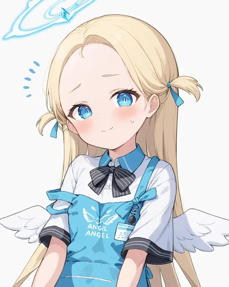 sora \(blue archive\),1girl, solo, white_background, v, halo, short_eyebrows, strap_slip, simple_background, blue_apron, two_side_up, closed_mouth, collared_shirt, white_shirt, upper_body, forehead, flying_sweatdrops, thick_eyebrows, short_sleeves, blush_stickers, black_bow, cropped_torso, white_wings, smile, striped_bow, looking_at_viewer, mini_wings, :>, hand_up, blush, ribbon
<lora:sora_(blue_archive)_image805_2023-12-03-000015:1>halo. gorgeous,key visual, vibrant, studio anime,award-winning, professional, highly detailed,high budget, cinemascope