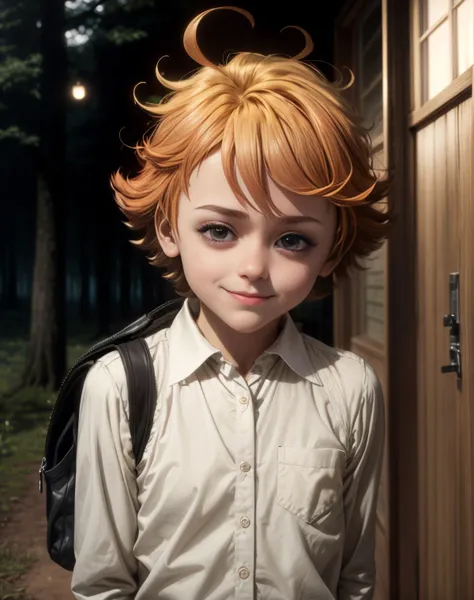 (masterpiece, top quality, best quality, official art, beautiful and aesthetic:1.3,photorealistic:1.6),  cute:1.5,  <lora:more_details:0.5>,( solo:1.3), 1girl:1.3, beautiful face:1.3, close up,
emma, neverland,  <lora:Emma:0.6>, 1girl, solo, emma, neverland, 1girl, solo, looking at viewer, smiling, short hair, shirt, long sleeves, green eyes, white shirt, upper body, ahoge, outdoors, collared shirt, orange hair,  evil smile, creepy, 
 <lora:squeezerExperimental_:1>,  mischievous, night, <lora:bags under eyes-000009:0.8>, Bags under eyes, slim, slender, arms behind bag, forest,  fire, dark, feminine, natural breasts,