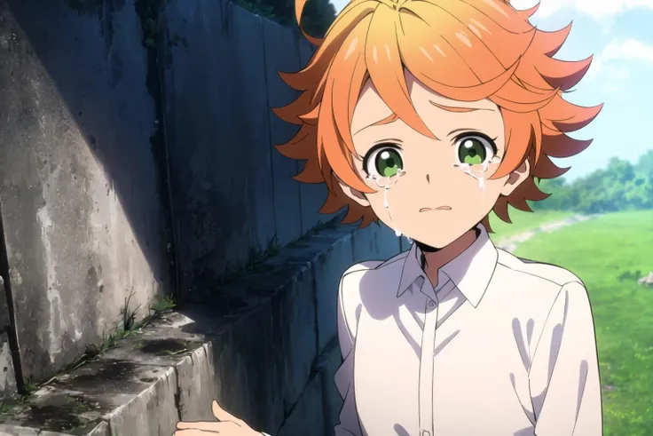 emma, neverland, (beton wall:1.2), nature, grass, blue sky, 1girl, solo, cowboy shot, looking at viewer, crying, short hair, shirt, long sleeves, green eyes, white shirt, upper body, ahoge, outdoors, collared shirt, orange hair, <lora:Emma:0.7>