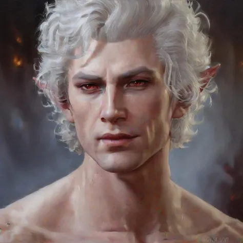 sexy nude young muscular man, curly white hair, vampire, elf, handsome man, astationxl, <lora:astationxl:0.85>, oil painting , (painting:1.5)