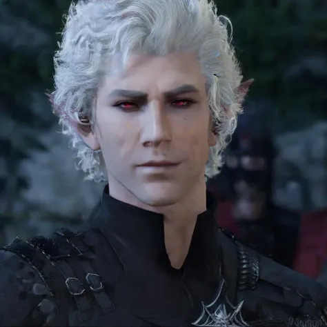 sexy muscular man, curly white hair, vampire, elf, handsome man, astationxl, <lora:astationxl:0.95>, modern solder, black uniform, ninja