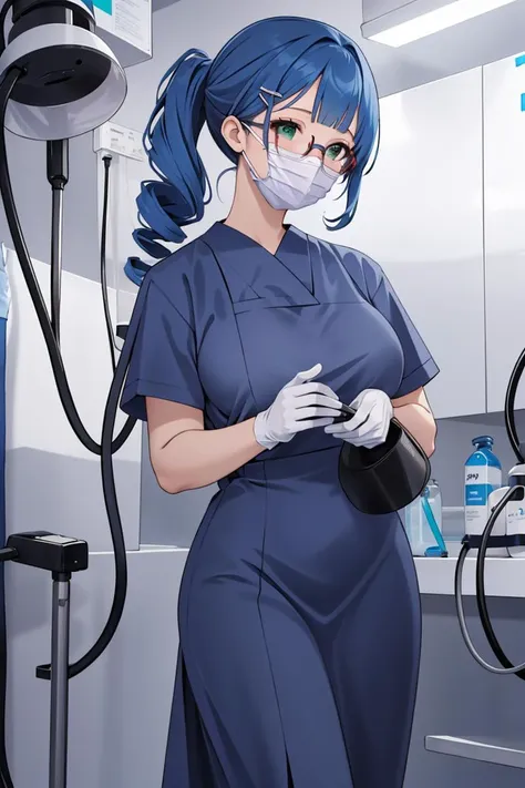 (RAW photo, best quality), operating room, overhead surgical light,blurred background, focused, dithering,backlighting,
 <lora:surgical_nurse_PPT_V1.0-000006:0.8> surgical_nurse_ppt, 1girl, surgical mask, gloves,long dress, nurse, 
 <lora:Natalie Griffin:0.6> natalie griffin, oc ch8, 1girl, long hair, hair ornament, green eyes, glasses, blunt bangs, drill hair, twin drills, drill_curls, drill locks, mature_female, hairclip, dark blue hair,