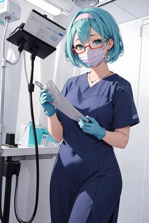 (RAW photo, best quality), operating room, overhead surgical light,blurred background, focused, dithering,backlighting,
 <lora:surgical_nurse_PPT_V1.0-000006:0.8> surgical_nurse_ppt, 1girl, surgical mask, gloves,long dress, nurse, 
 <lora:Tomomi Kii:0.6> 1girl, 3dcg 08, aqua hair, bangle, collarbone, glasses, green eyes, hairband, medium breasts, necklace, semi-rimless eyewear, short hair, sidelocks, solo, tomomi kii, under-rim eyewear,