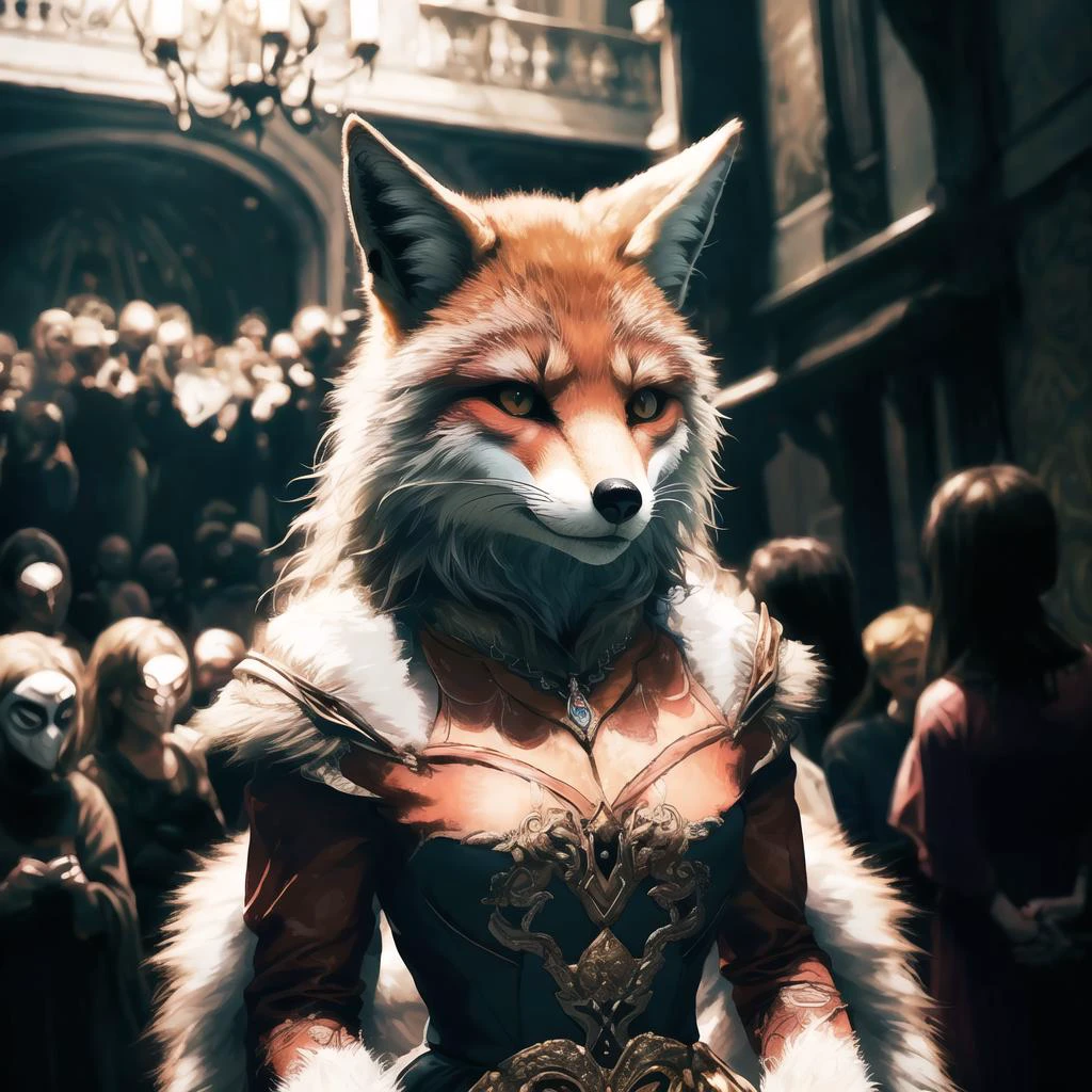 highly detailed full color candid photo of a (werefox:1.2), 1girl, in front of a crowd, full body, (ball gown dress:1.2), white fur,
(masquerade, baroque palace:1.2),
realistic, depth of field, blurry background, photorealistic, analogue photography, low key lighting, <lora:RPGWerefox:0.7>
