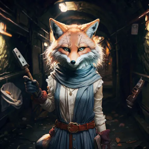 highly detailed full color candid photo of a (werefox:1.2), thief, holding a crowbar,
1girl, full body, belt, (dress:1.2), short hair, necklace, blue eyes,
(underground,  sewers,:1.2) realistic, depth of field, blurry background,
photorealistic, analogue photography, low key lighting, <lora:RPGWerefox:1>