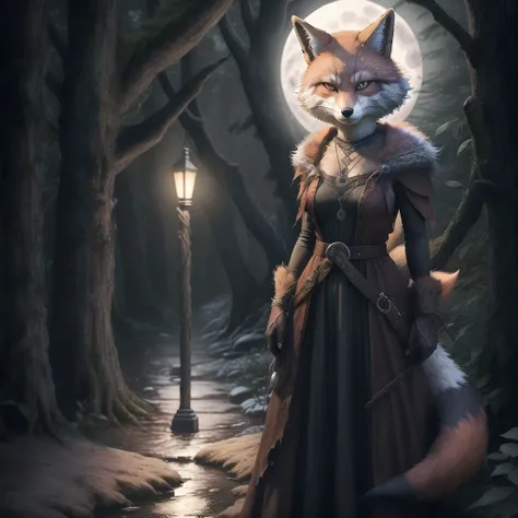 highly detailed full color candid photo of a (werefox:1.2), huntress, 1girl, full body, belt, (dress:1.2), short hair, gothic necklace, torn clothes, clawed hands,
(forest, night, full moon:1.2) realistic, depth of field, blurry background, photorealistic, analogue photography, low key lighting, <lora:RPGWerefox:0.7>