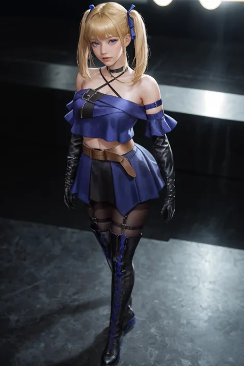highres,absurdres,masterpiece,best quality,original,extremely detailed CG,extremely detailed wallpaper,perfect lighting,(standing on the stage),looking at viewer,1girl,blurry background,bare hands,from above,
<lora:CFqingyaBWii:0.7>,CFqingyaBW,elbow gloves,lace-up boots,blue eyes,blonde hair,pantyhose,twintails,skirt,choker,bare shoulders,bangs,crop top,hair ribbon,belt,mature female,<lora:GoodHands-beta2:1>,