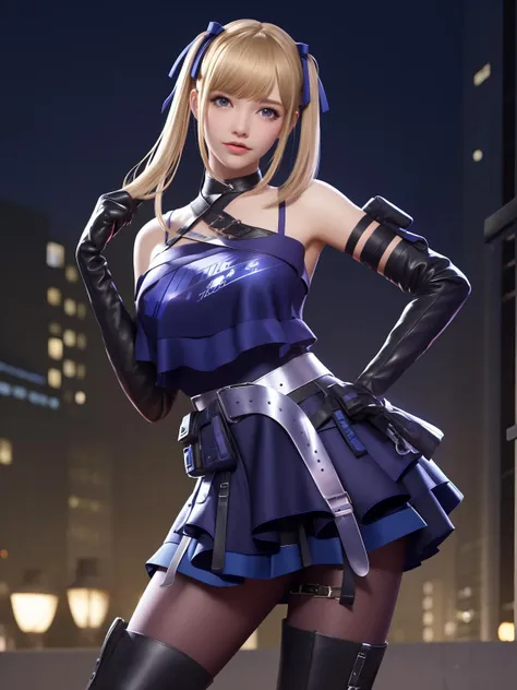 CFqingyaBW, 1girl, elbow gloves, solo,lace-up boots, blue eyes, blonde hair, pantyhose, twintails,skirt,choker, bare shoulders, bangs,crop top,hair ribbon,belt, <lora:CFqingyaBWii:0.75>,mature female, cityscape, night, looking at viewer, standing, cowboy shot, hand on hip,