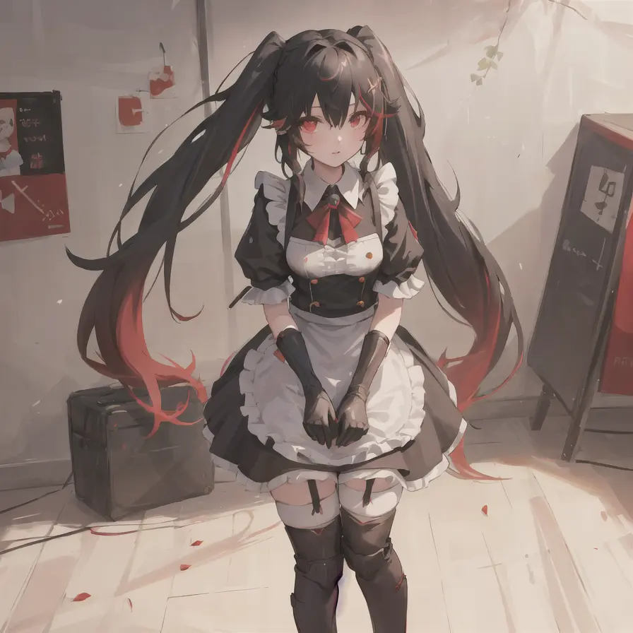 <lora:Lucia-3:0.5>, 1girl, masterpiece, highest quality, best quality, , highly detailed, best illustration, glowing hair, ray tracing, semi realistic, Lucia, black hair, red eyes, multicolored hair, maid outfit, twintails, leaning forward, standing, looking at viewer, garter belt