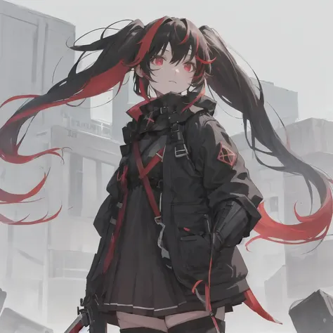 <lora:Lucia-3:0.5>, 1girl, masterpiece, highest quality, best quality, , highly detailed, best illustration, glowing hair, ray tracing, semi realistic, Lucia, black hair, red eyes, multicolored hair, twintails, leaning forward, standing, looking at viewer, holding weapon, sword
