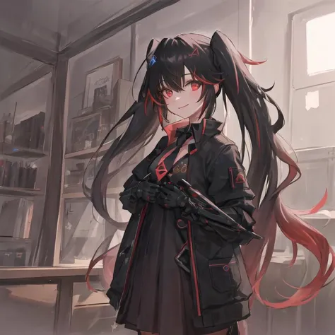 1girl, masterpiece, highest quality, best quality, , highly detailed, best illustration, glowing hair, ray tracing, <lora:Lucia-3:0.5>, Lucia, Twintails,black hair, multicolored hair, open jacket, black jacket, black dress, red eyes, mechanical arms,smile, necktie, holding sword, sword, looking at viewer