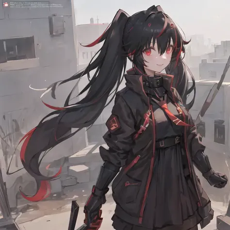 1girl, masterpiece, highest quality, best quality, , highly detailed, best illustration, glowing hair, ray tracing, <lora:Lucia-3:0.5>, Lucia, Twintails,black hair, multicolored hair, open jacket, black jacket, black dress, red eyes, mechanical arms,smile, necktie,looking at viewer, holding sword