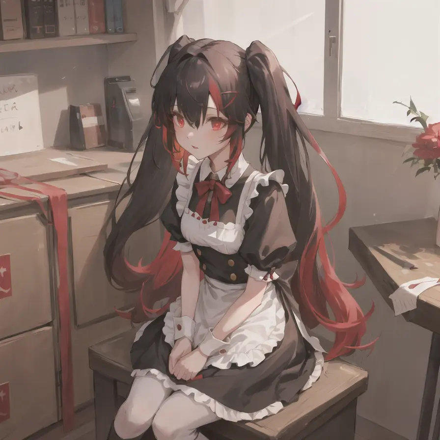 <lora:Lucia-3:0.4>, 1girl, masterpiece, highest quality, best quality, , highly detailed, best illustration, glowing hair, ray tracing, semi realistic, Lucia, black hair, red eyes, multicolored hair, maid outfit, twintails, leaning forward