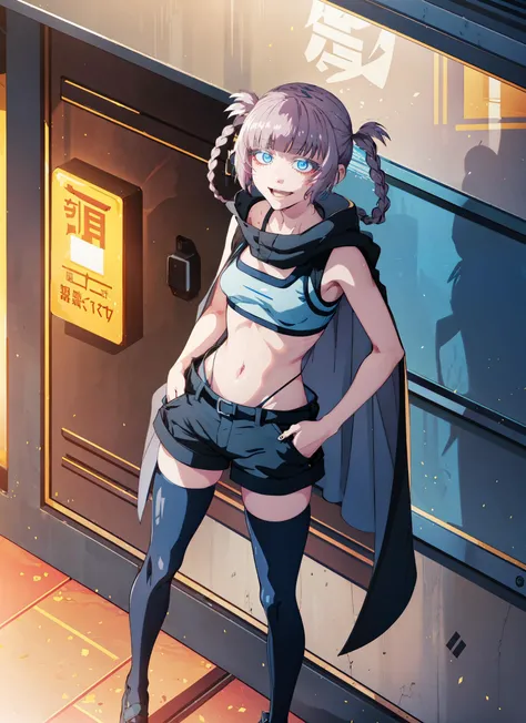 1girl, nanakusa nazuna,short hair,twin braids,twin tails,light blue eyes,small iris,fang,cleavate cutout,blue croptop,black shorts,navel,black cape,sleeveless,black thighhighs,open mouth,mouth extremly open,smile,dynamic pose, (hands in pockets:1.2),night,darkness,dyamic light,tigh medium shot,(from above),masterpiece,extremely detailed CG unity 8k wallpaper, best quality,32k,focus sharp, <lora:chara_YofukashiNoUta_NanakusaNazusa_v3:0.9>, <lora:Light and Shadow:0.7>