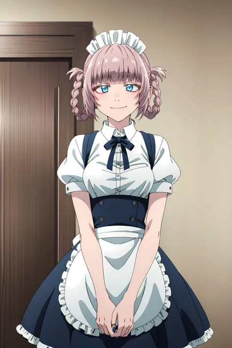 best quality, masterpiece, detailed,
<lora:YofukashiNoUta_NanakusaNazuna:0.9>, NanakusaNazuna,
1girl, smile,
pink hair, short hair, blunt bangs, braid, hair rings, blue eyes,
NanakusaMaid, maid dress, white shirt, ribbon, puffy short sleeves, white apron, frills,
looking at viewer, arms at sides,
indoors