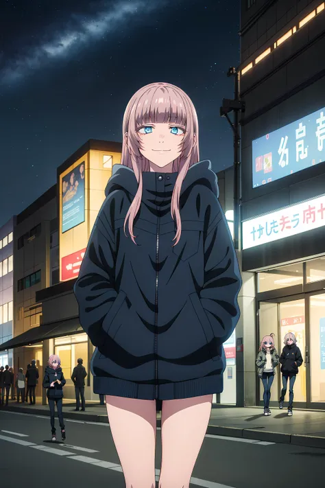 best quality, masterpiece, detailed,
<lora:YofukashiNoUta_NanakusaNazuna:0.9>, NanakusaNazuna,
1girl, closed mouth, smile,
pink hair, long hair, blunt bangs, sidelocks, blue eyes,
NanakusaJacket, jacket, hood, 
looking at viewer, hand in pocket, thigh gap,
outdoors, city, night, starry sky