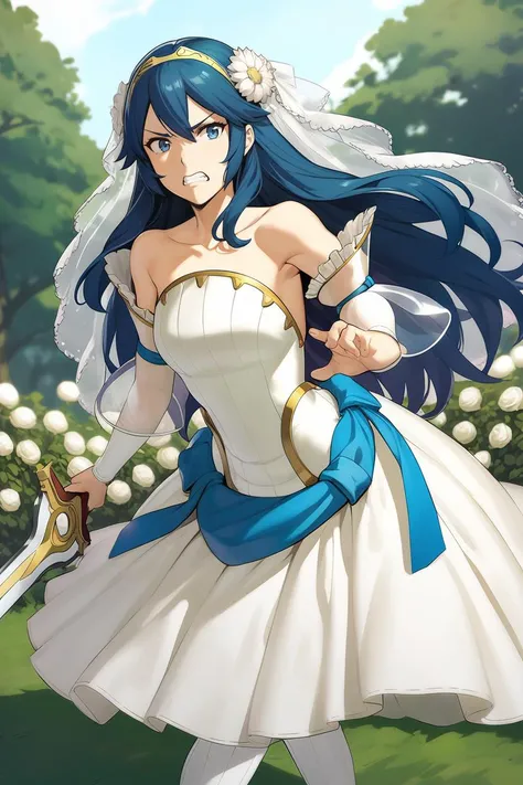 masterpiece, best quality, solo, 1girl <lora:lucina-xl-nvwls-v1-000008:1> brdLucy, tiara, bridal veil, hair flower, white flower, wedding dress, strapless, see-through sleeves, white sleeves, holding falchion \(fire emblem\), furrowed brow, clenched teeth, fighting stance, garden, whole body