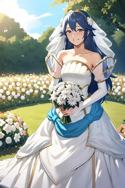 masterpiece, best quality, solo, 1girl <lora:lucina-xl-nvwls-v1-000008:1> brdLucy, tiara, bridal veil, hair flower, white flower, wedding dress, strapless, see-through sleeves, white sleeves, garden, flowers, bouquet, looking at viewer, smile, grin, tears in eyes, cowboy shot