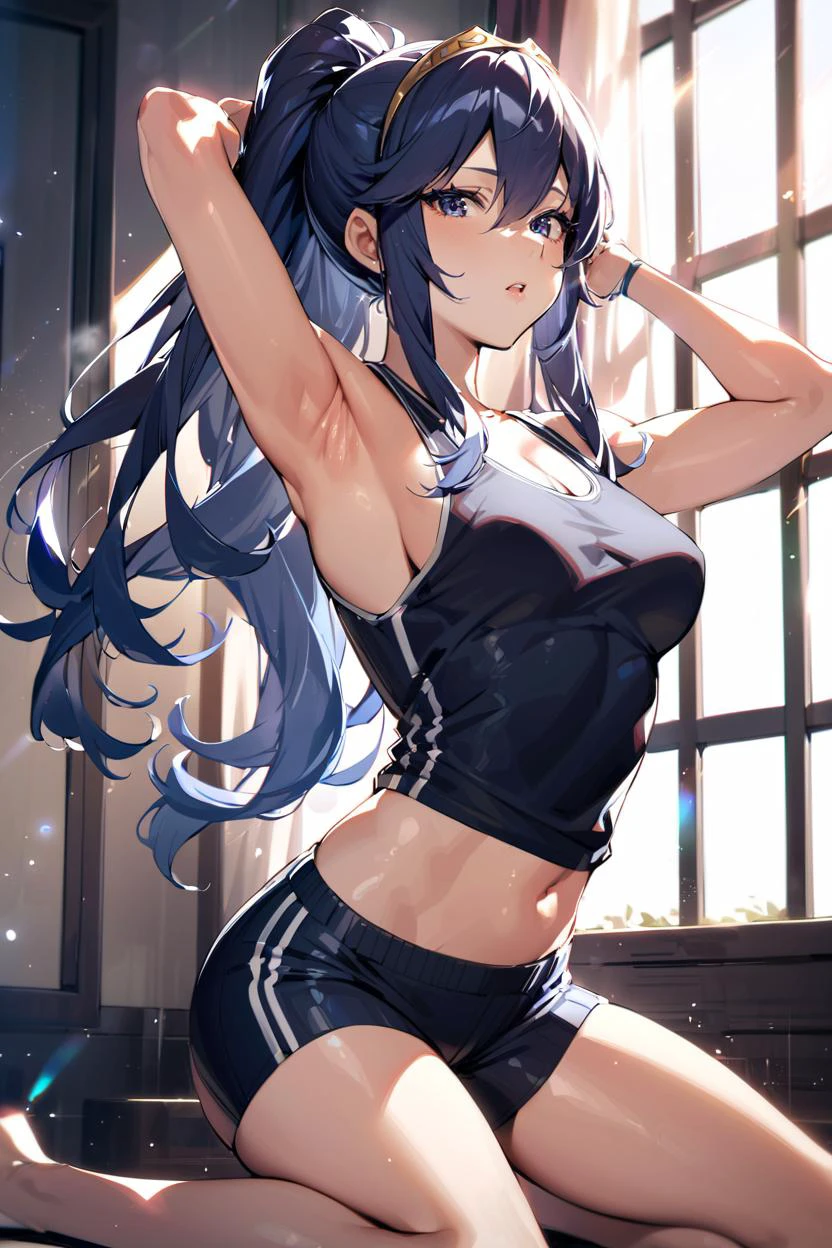 masterpiece, best quality, solo, 1girl, looking at viewer, medium breasts, <lora:lucina-xl-nvwls-v1:0.9> defLucy, long hair, ponytail, tiara, indoors, window, wariza, shorts, tank top, armpits, lens flare, depth of field, light particles, toned, midriff,