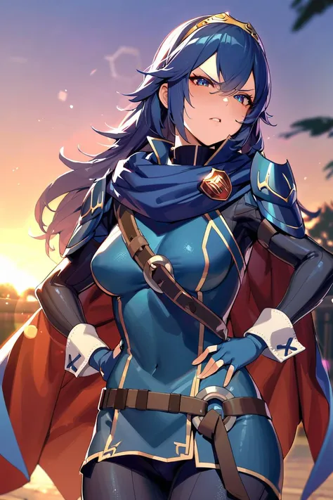 masterpiece, best quality, solo, 1girl, looking at viewer, breasts, <lora:lucina-xl-nvwls-v1:0.95> defLucy, long hair, tiara, cape, shoulder armor, blue tunic, long sleeves, cuffs, blue scarf, fingerless gloves, belt, pants, outdoors, sunset, lens flare, depth of field, light particles, hands on hips, angry, toned,