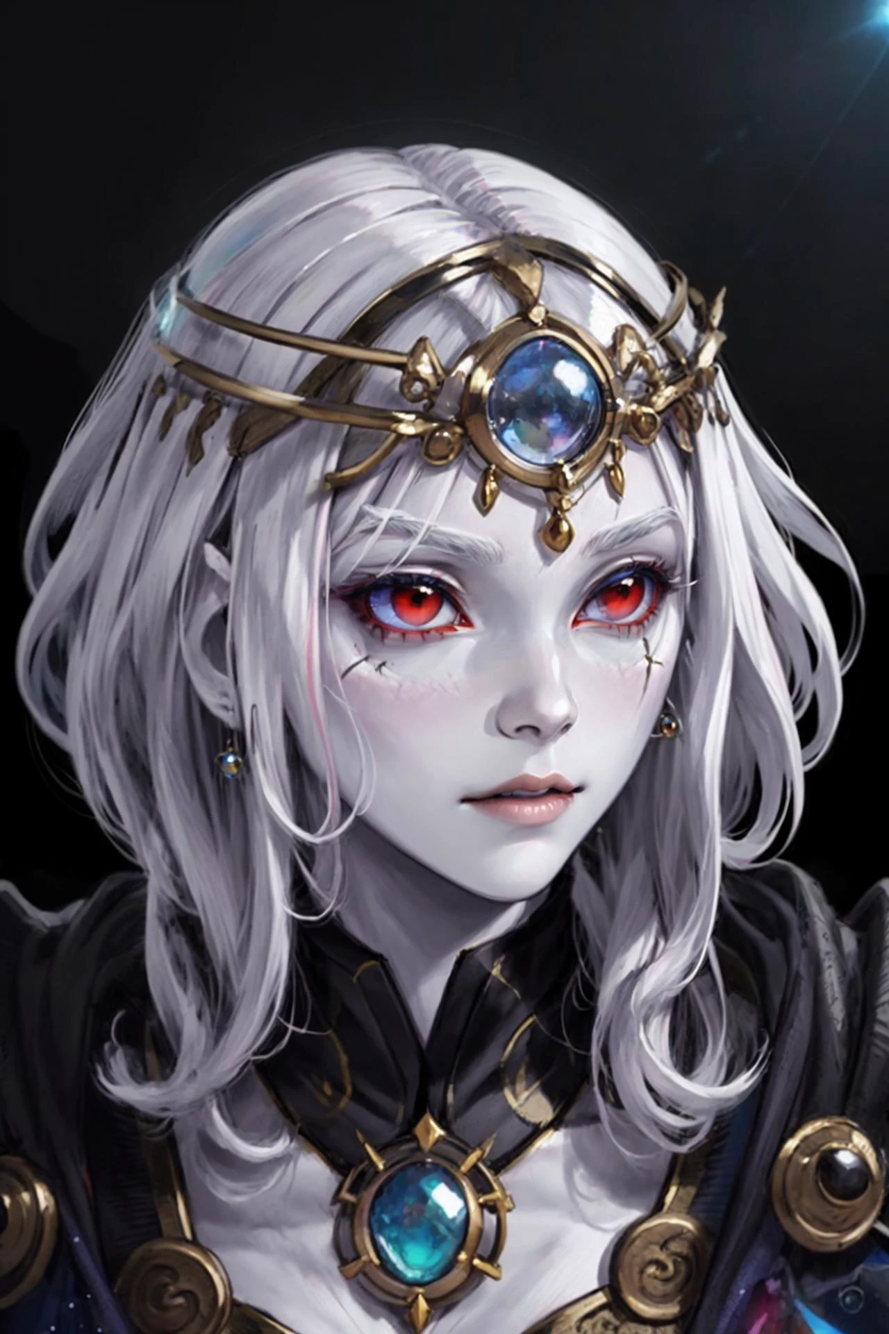best quality, masterpiece, 1girl, perfect face, detailed eyes, perfect skin, face portrait,
((colored skin, white hair)), red eyes, gem, circlet, jewelry
long dress,
atmospheric lighting,
cosmic background,
<lora:CassiaRT1:0.7>,