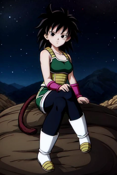 <lora:ginev3:.8> gine, 1girl, shadow, solo, long hair, breasts, closed, night sky, black hair, desert, bare shoulders, collarbone, full body, shorthair, worried, black eyes, floating hair, looking away, sitting on rock, spiked hair, bracer, monkey tail,
(green saiyan armor), saiyan skirt, black pantyhose, white boots, monkey tail, from above,
<lora:add_detail:1>