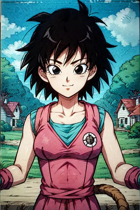<lora:ginev3:.6> gine, 1girl, sunlight, solo, breasts, closed, blue sky, black hair, black eyes, forest, house, bare shoulders, collarbone, short hair, looking at viewer, smile, looking at viewer, spiked hair, monkey tail,
orange TurtleSchoolUniform, upper body,
<lora:SonGokusOutfit:0.9>, <lora:add_detail:1>