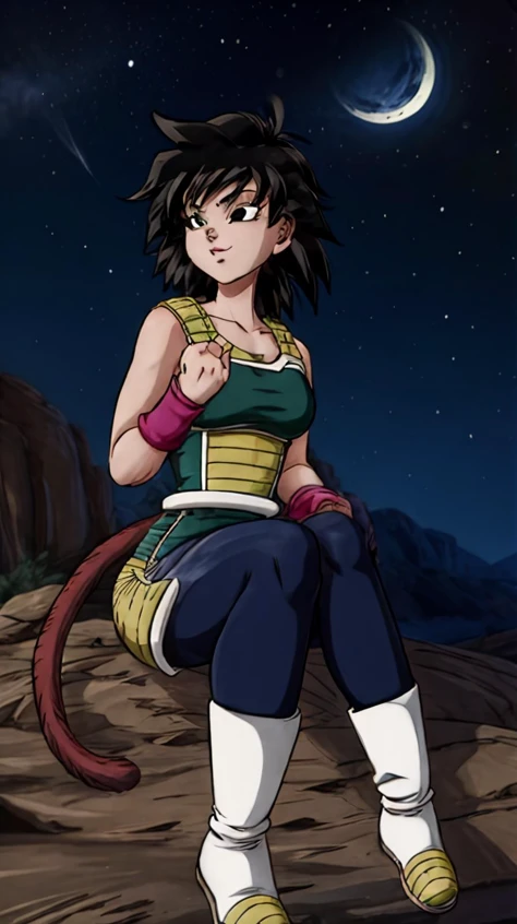 <lora:ginev3:.8> gine, 1girl, shadow, solo, long hair, breasts, closed, night sky, black hair, desert, bare shoulders, collarbone, full body, shorthair, worried, black eyes, floating hair, looking away, sitting on rock, spiked hair, bracer, monkey tail,
(green saiyan armor), saiyan skirt, black pantyhose, white boots, monkey tail, from above,
<lora:add_detail:1>