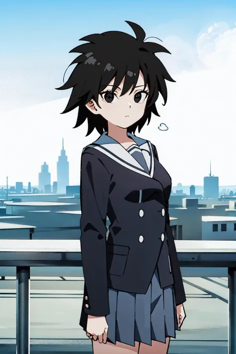 1girl, solo,
ginedb, black hair, short hair, spiked hair, black eyes,
school uniform,
closed mouth,
city,
<lora:gineAI-000056:0.8>