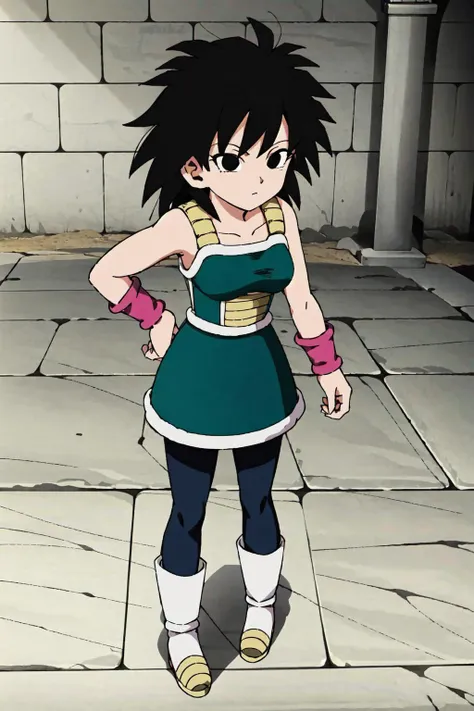 1girl, solo,
ginedb, black hair, short hair, spiked hair, black eyes,
collarbone, bare shoulders
green saiyan armor, pink wristband, green skirt, black pantyhose, boots, white footwear,
closed mouth,
<lora:gineAI-000056:0.8>