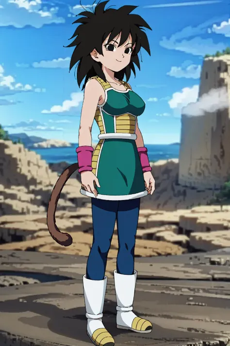 ginedb, 1girl, solo, breasts, looking at viewer, smile, short hair, black hair, bare shoulders, medium breasts, closed mouth, standing, full body, black pantyhose, boots, outdoors, sky, day, cloud, water, blurry, black eyes, blue sky, bare arms, depth of field, blurry background, happy, cloudy sky, spiked hair, pink wristband, arm at side, rock, arms at sides, horizon, monkey tail, saiyan armor, green skirt, eyebrows, eyelashes, green saiyan armor, collarbone
<lora:gineAI-000056:0.8>