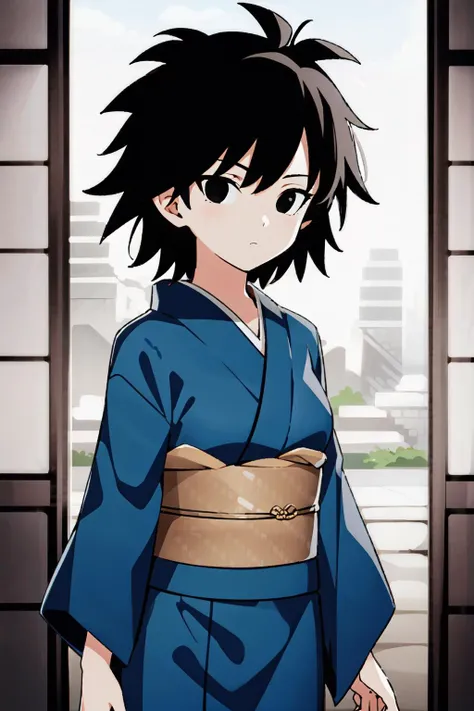 1girl, solo,
ginedb, black hair, short hair, spiked hair, black eyes,
blue kimono,
closed mouth,
temple,
<lora:gineAI:0.8>