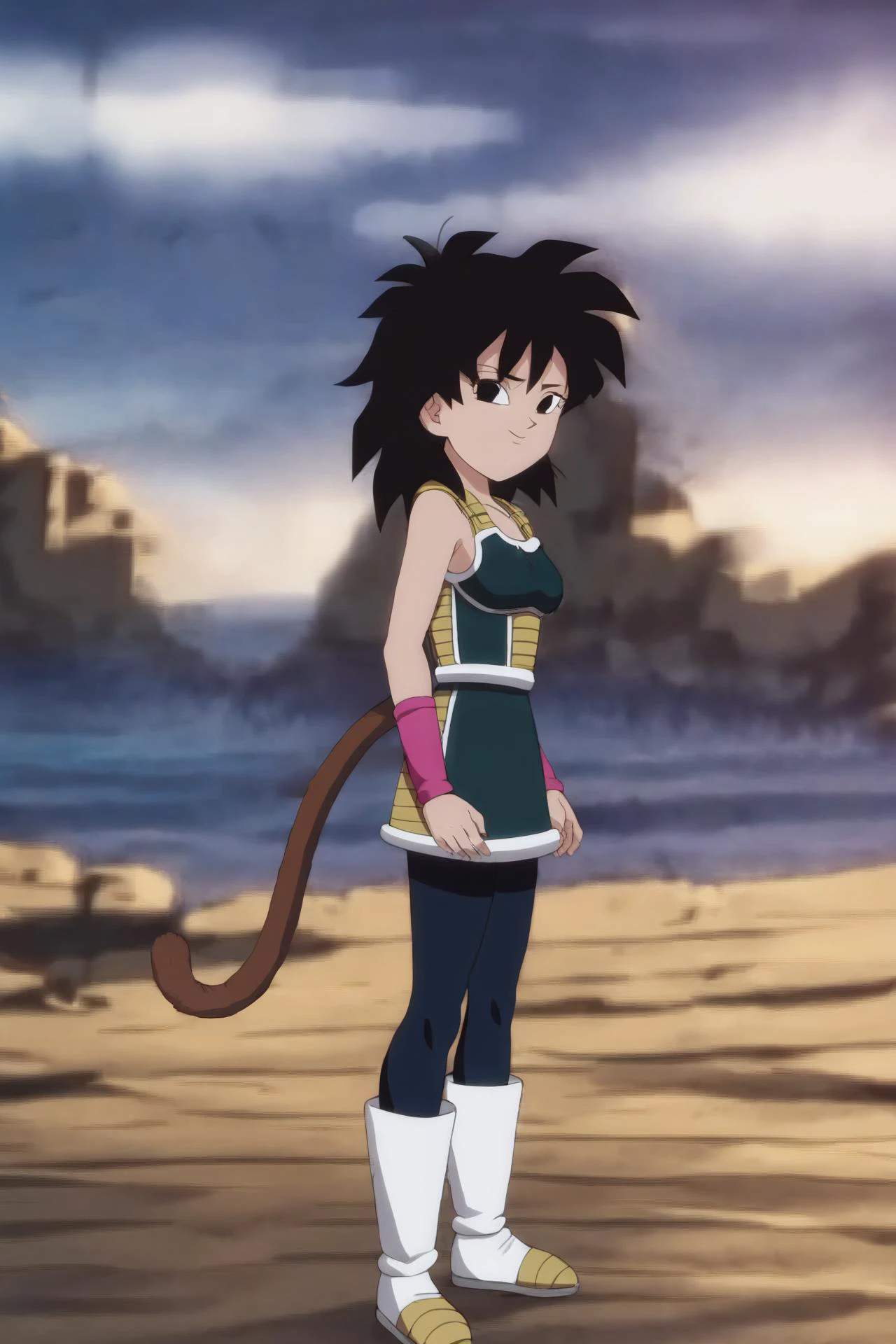 source_anime, score_9,score_8_up, score_7_up, ginedb, anime screencap,
1girl, solo, breasts, looking at viewer, smile, black hair, bare shoulders, medium breasts, closed mouth, standing, full body, black pantyhose, boots, outdoors, sky, day, cloud, water, blurry, black eyes, blue sky, bare arms, depth of field, blurry background, happy, cloudy sky, spiked hair, pink wristband, arm at side, rock, arms at sides, horizon, monkey tail, saiyan armor, green skirt, eyebrows, eyelashes, green saiyan armor, collarbone
<lora:gine_pony_v1:1>