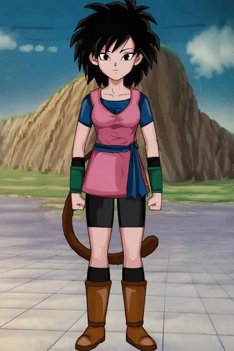source_anime, score_9,score_8_up, score_7_up, ginedb, anime screencap,
1girl, solo, breasts, looking at viewer, smile, short hair, black hair, cleavage, medium breasts, closed mouth, standing, full body, short sleeves, boots, outdoors, sky, day, socks, cloud, black eyes, blue sky, brown boots, cloudy sky, spiked hair, bike shorts, pink wristband, clenched hands, mountain, arms at sides, pink dress, green wristband, black legwear, blue shirt, blue belt, eyelashes, eyebrows, collarbone
<lora:gine_pony_v1:1>