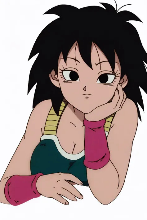 source_anime, score_9,score_8_up, score_7_up,  ginedb, anime screencap, 
1girl, solo, breasts, looking at viewer, smile, short hair, simple background, black hair, cleavage, bare shoulders, medium breasts, closed mouth, upper body, retro artstyle, 1990s \(style\), grey background, black eyes, fingernails, hands up, bare arms, eyelashes, half-closed eyes, happy, own hands together, spiked hair, pink wristband, interlocked fingers, head rest, elbow rest, saiyan armor, green saiyan armor, eyebrows, v-shaped eyebrows
 <lora:gine_pony_v1:1>