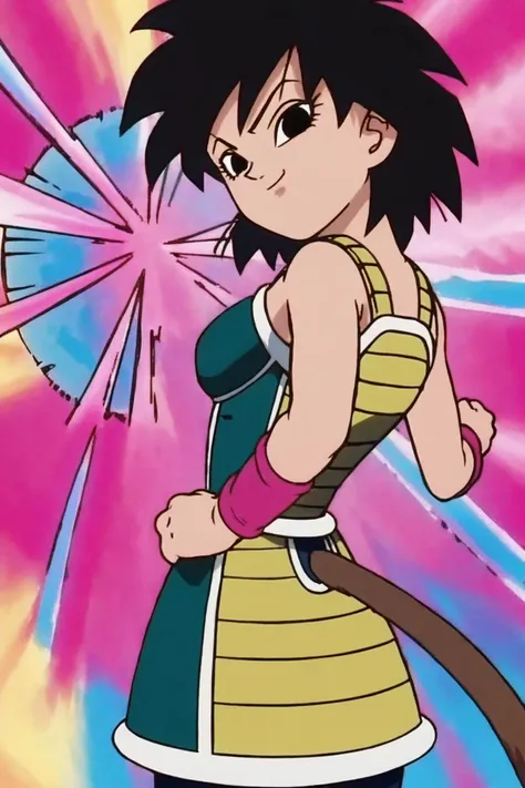 source_anime, score_9,score_8_up, score_7_up, ginedb, anime screencap,
1girl, solo, breasts, looking at viewer, smile, short hair, simple background, black hair, bare shoulders, closed mouth, cowboy shot, looking back, black eyes, fingernails, bare arms, eyelashes, blue background, happy, spiked hair, pink wristband, clenched hand, arm at side, outline, arms at sides, multicolored background, monkey tail, outstretched arm, outstretched hand, saiyan armor, energy beam, black pantyhose, green saiyan armor, green skirt, v-shaped eyebrows
<lora:gine_pony_v1:1>