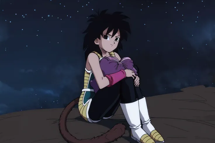 source_anime, score_9,score_8_up, score_7_up,  ginedb, anime screencap, 
1girl, solo, black hair, sitting, boots, black pantyhose, black eyes, spiked hair, pink wristband, monkey tail, saiyan armor, eyelashes, eyebrows, green skirt, green saiyan armor, bare shoulders
outdoors, night sky, star \(sky\),  mountain,  hugging own legs, from above, 
 <lora:gine_pony_v1:1>