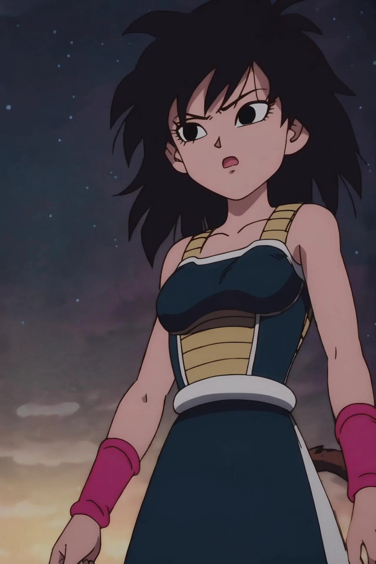 source_anime, score_9,score_8_up, score_7_up, ginedb, anime screencap,
1girl, shadow, solo, long hair, breasts, open mouth, star \(sky\), black hair, night sky, bare shoulders, medium breasts, collarbone, upper body, cowboy shot, medium hair, :o, black eyes, floating hair, looking away, expressionless, from below, spiked hair, pink wristband, arm at side, serious, arms at sides, looking afar, monkey tail, saiyan armor, eyebrows, green saiyan armor, looking at another
<lora:gine_pony_v1:1>
