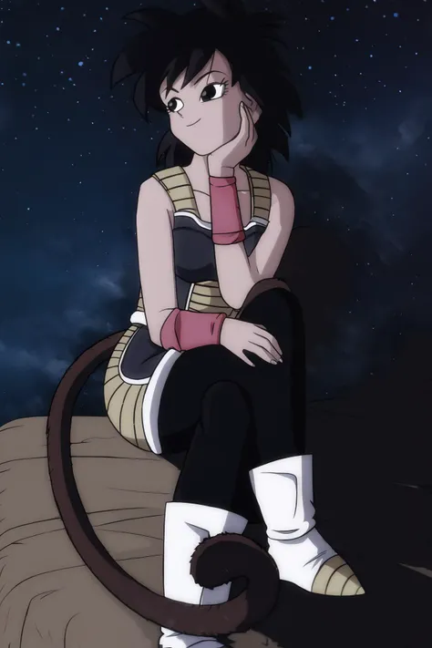 source_anime, score_9,score_8_up, score_7_up, ginedb,
black saiyan armor, black skirt, 1girl, solo, smile, black hair, sitting, full body, boots, sky, black eyes, night, pink wristband, monkey tail, saiyan armor, black pantyhose
star \(sky\), night sky, starry sky, head rest,
eyebrows, eyelashes,
<lora:gine_pony_v1:1>