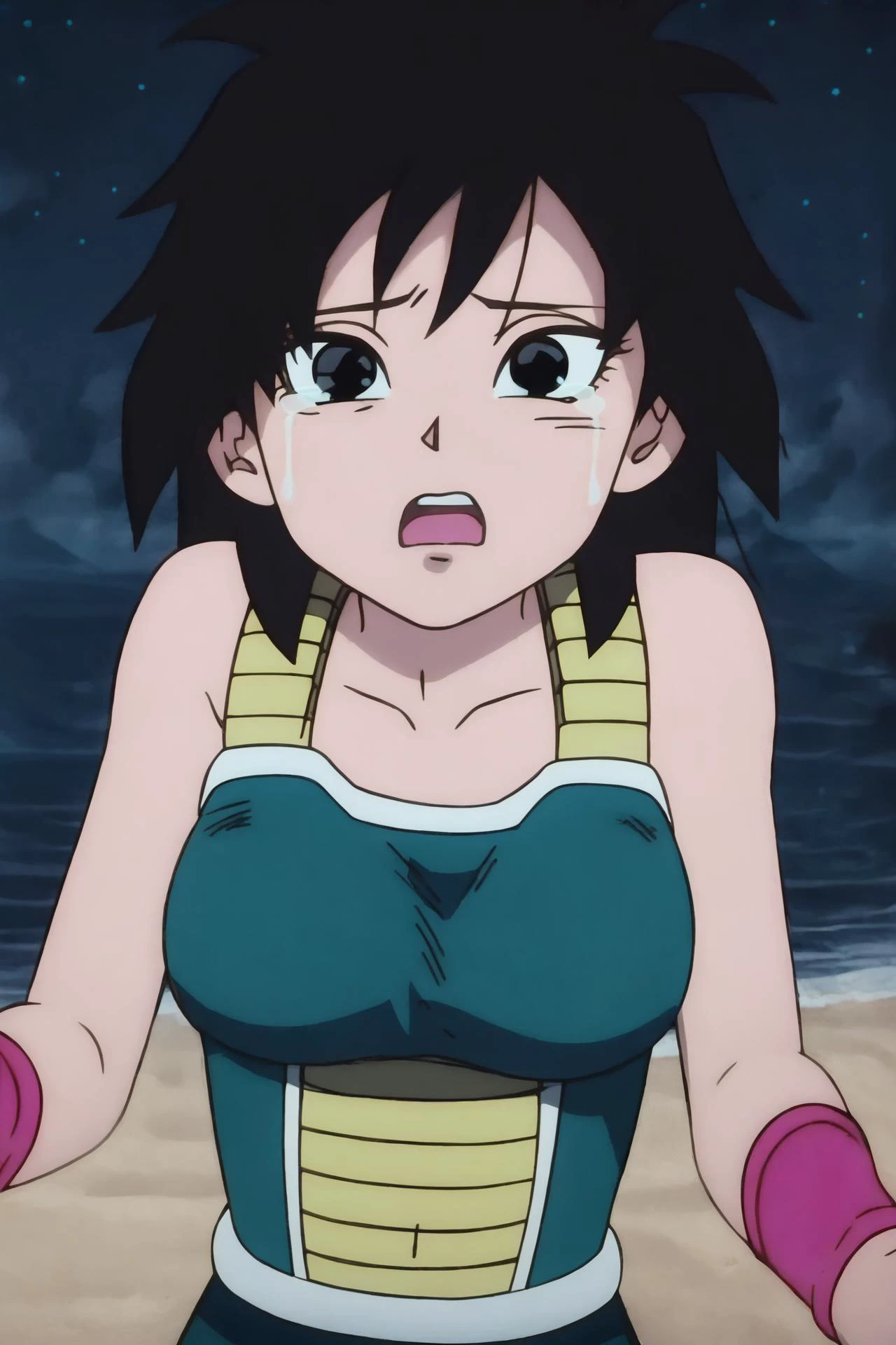 source_anime, score_9,score_8_up, score_7_up, ginedb, anime screencap,
1girl, solo, breasts, looking at viewer, open mouth, night, black hair, sand, bare shoulders, medium breasts, collarbone, upper body, teeth, black eyes, tearing up, fingernails, eyelashes, pink wristband, d:, saiyan armor, green skirt, eyebrows, green saiyan armor, moonlight,
<lora:gine_pony_v1:1>