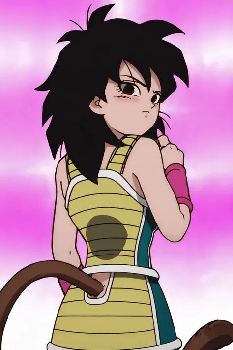 source_anime, score_9,score_8_up, score_7_up, ginedb, anime screencap,
1girl, solo, looking at viewer, blush, cityscape, black hair, brown eyes, looking back, from behind, black eyes, hand on hip, frown, pink wristband, green skirt, monkey tail, saiyan armor, hand on shoulder, medium hair, green saiyan armor, eyelashes, eyebrows, butt crack, bare shoulders, spiked hair, fingernails
<lora:gine_pony_v1:1>
