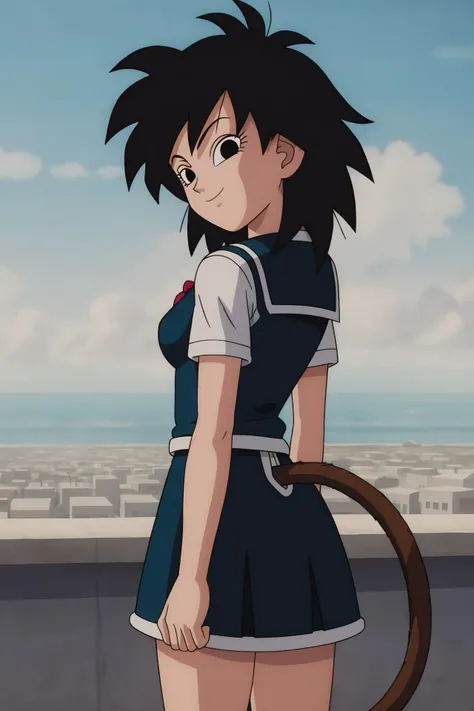 source_anime, score_9,score_8_up, score_7_up, ginedb, anime screencap,
1girl, solo, breasts, looking at viewer, smile, medium breasts, sky, building, black hair, city, bare shoulders, medium breasts, smile, standing, monkey tail, cowboy shot, looking back, medium hair, black eyes, spiked hair, eyelashes, ((school uniform)),
<lora:gine_pony_v1:0.7>