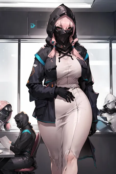 masterpiece,best quality,1girl,mature female,doctor \(arknights\),female doctor \(arknights\),(faceless female,hood:1.5),pink hair,twintails,very long hair,huge breasts,wide hips,thick thighs,long legs,(black business suit,Pencil Skirt:1.2),conference room,<lora:Doktah1:0.6>,<lyco:Clothing-Woman Business Suit_v10-Hatch:0.9>,