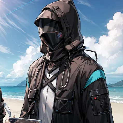 (((doctor \(arknights\)))), 1boy, solo, (masterpiece), (highest quality), high quality, (hair shader:0.3), best quality, day, artbook, best quality, official art, extremely detailed CG unity 8k wallpaper, highly detailed illustration, digital art, digital painting, digital painting by himitsu, sunny summer beach background, detailed clouds<lora:Doktah1:0.5><lora:add_detail:0.7>