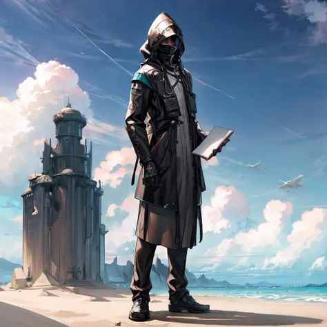 (((doctor \(arknights\)))), 1boy, solo, full_body, (masterpiece), (highest quality), high quality, (hair shader:0.3), best quality, day, artbook, best quality, official art, extremely detailed CG unity 8k wallpaper, highly detailed illustration, digital art, digital painting, digital painting by himitsu, sunny summer beach background, detailed clouds<lora:Doktah1:0.5><lora:add_detail:0.7>