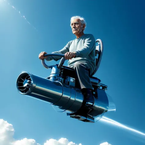 <lora:flying_vacuum_cleaner_v1:0.5>,1boy, old man, blue_sky, cloud, day, long_sleeves, outdoors, realistic, riding, shoes, sky, solo, looking at viewer, sitting, from below, sunlight, flying, science fiction, aircraft, nose, airplane, riding, spacecraft, FLCL, blue vacuum cleaner,
